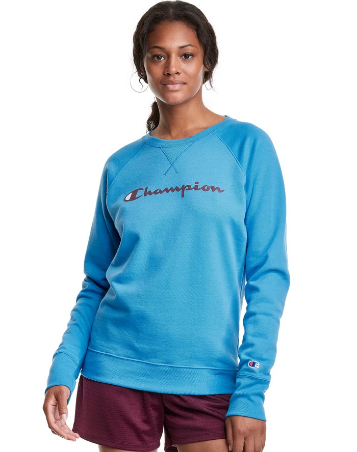 Champion Sweatshirt Dames - Blauw - Powerblend Fleece Classic Crew Script Logo ( 927534-LGK )